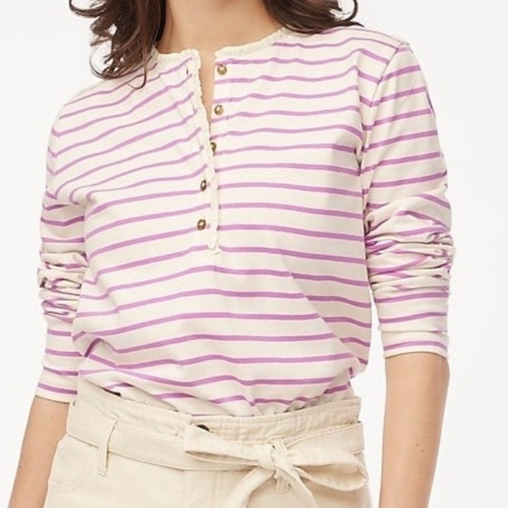 J. Crew Pink Ivory White Striped Ruffle Neck Henley Long Sleeve Top Medium